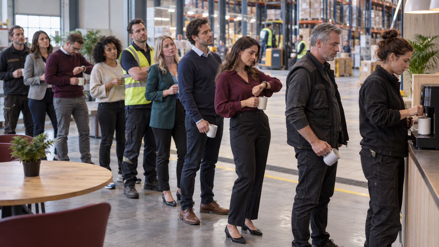 Lange wachtrij voor een koffieautomaat tijdens een drukke werkdag in een distributiecentrum