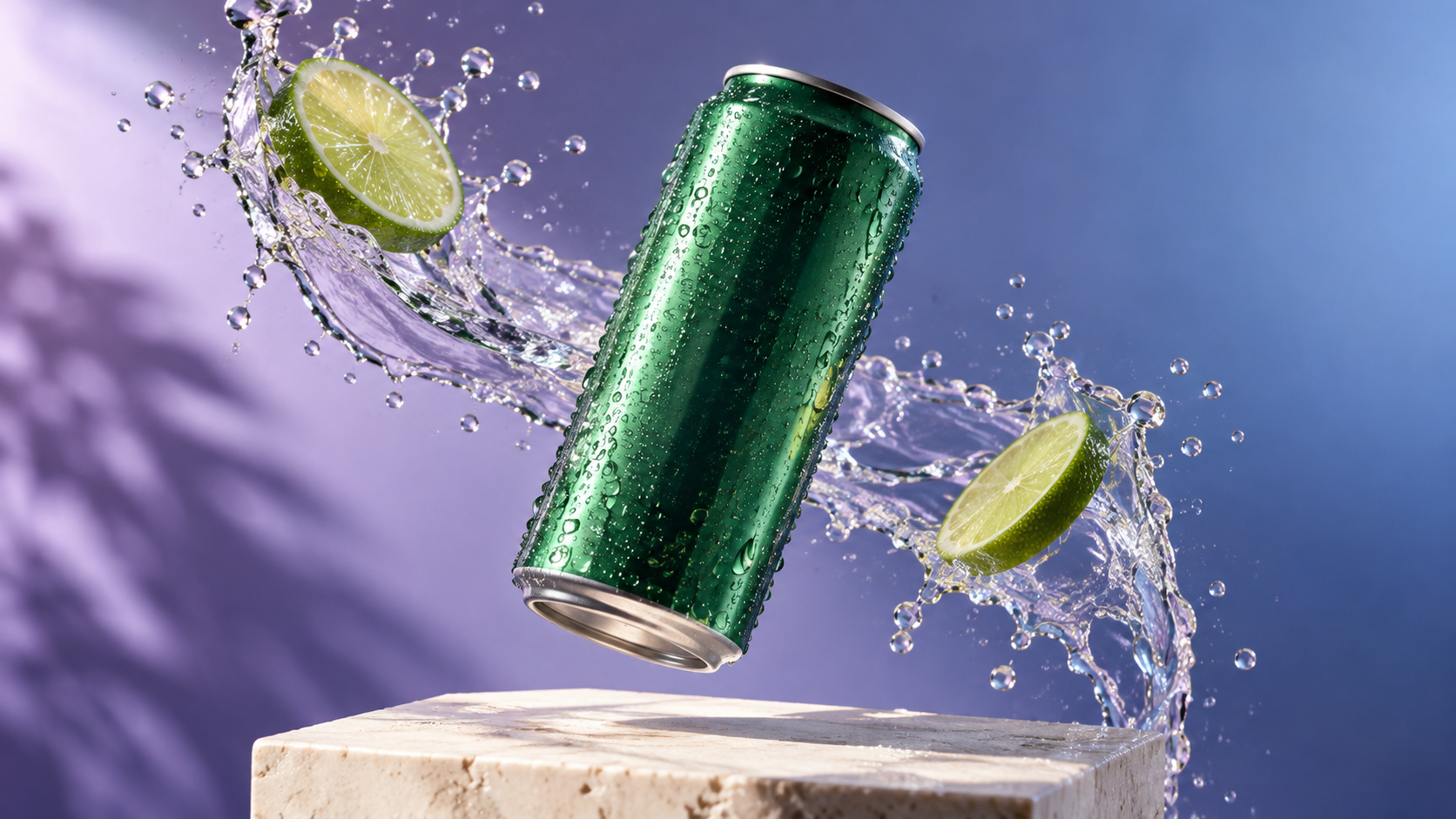 Groen drankblikje met limoen en een watersplash als illustratief campagneconcept.