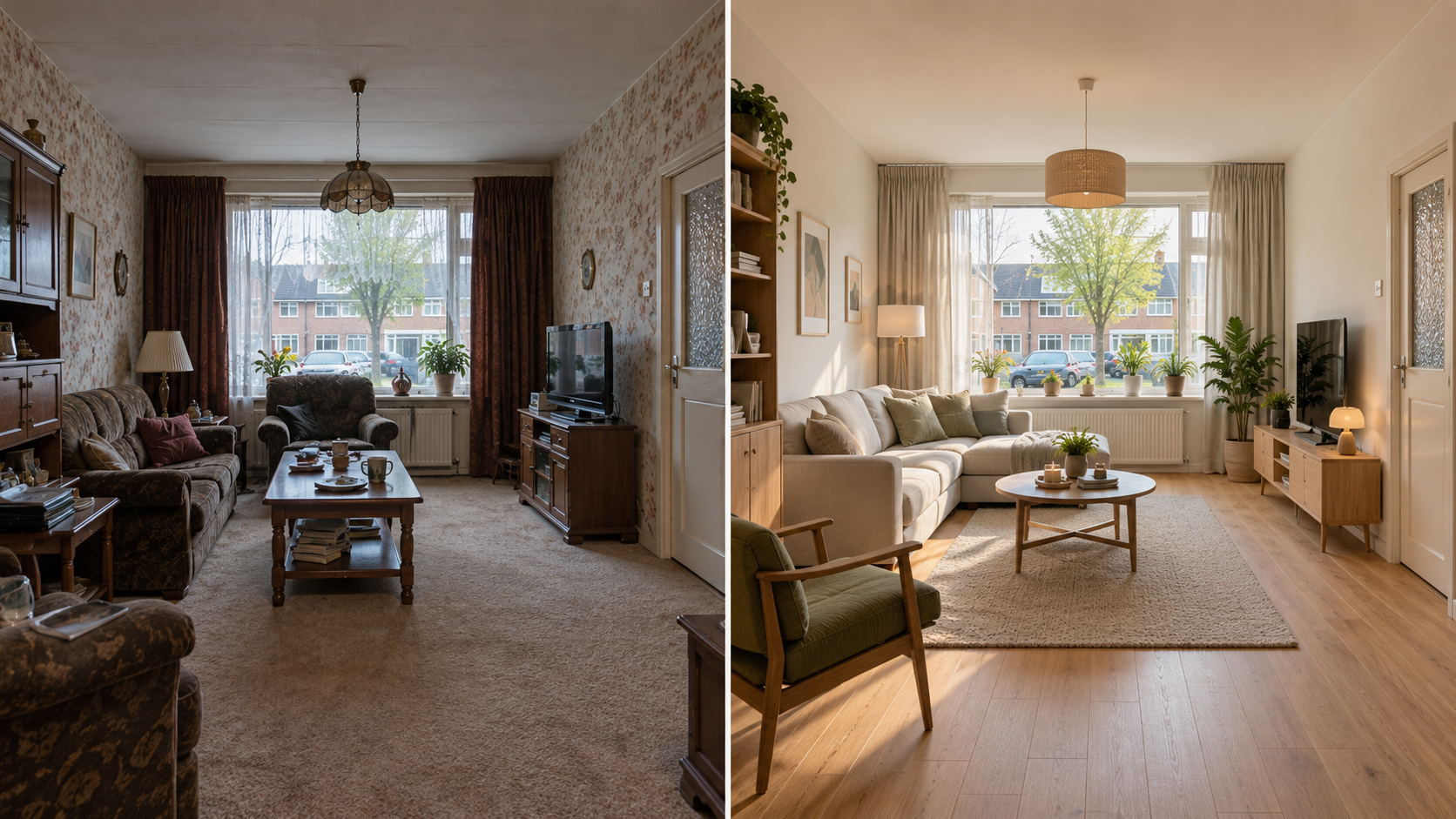 Dezelfde woonkamer voor en na een moderne interieurverbouwing