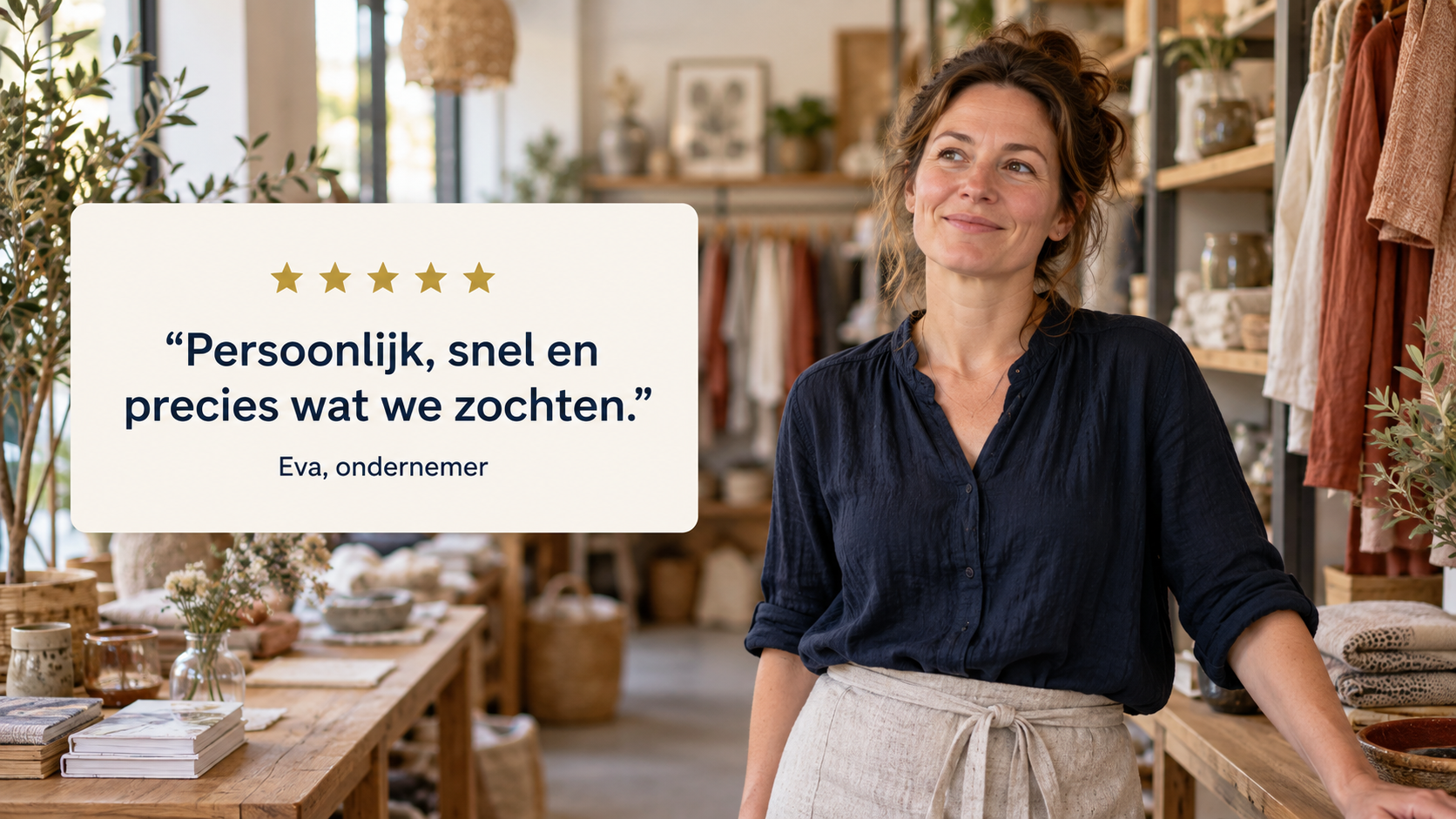 Voorbeeld van een klantreview met vijf sterren en een vrouwelijke ondernemer