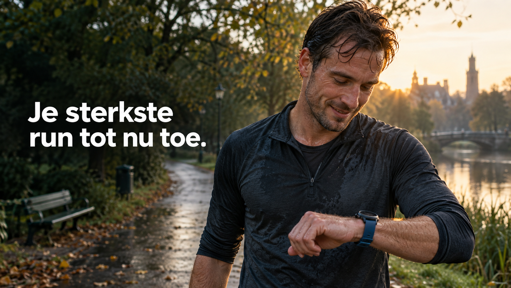 Sportwatchadvertentie met een trotse hardloper na het behalen van een persoonlijk resultaat