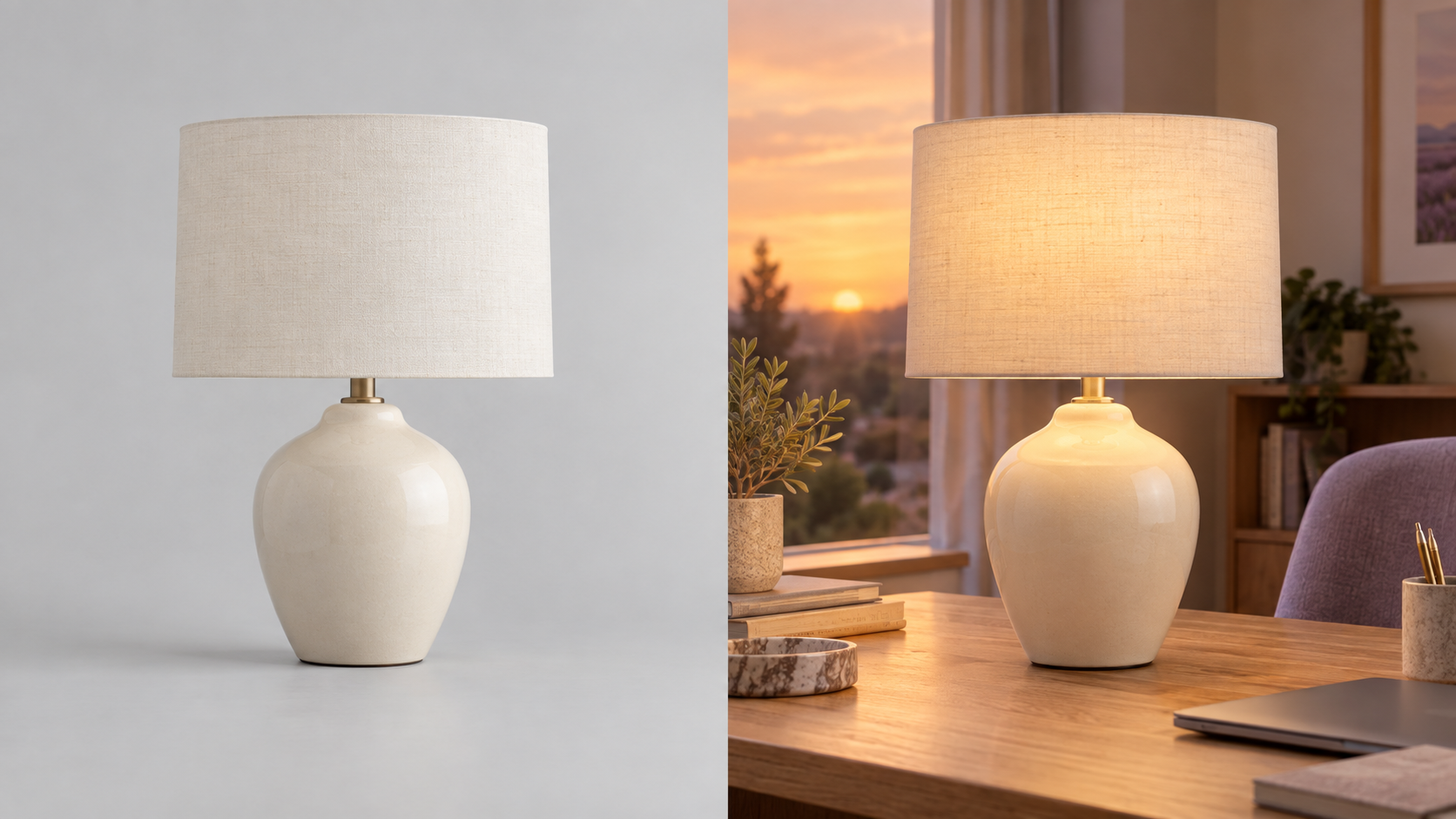 Basisfoto van een lamp naast dezelfde lamp in een uitgewerkt AI-campagnebeeld