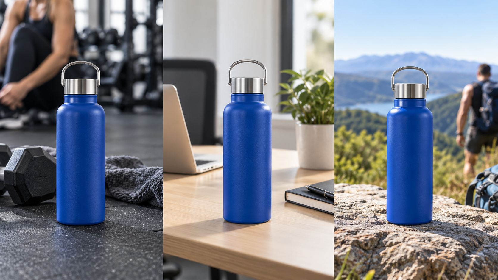 Drie creatieve advertentievarianten van dezelfde blauwe drinkfles