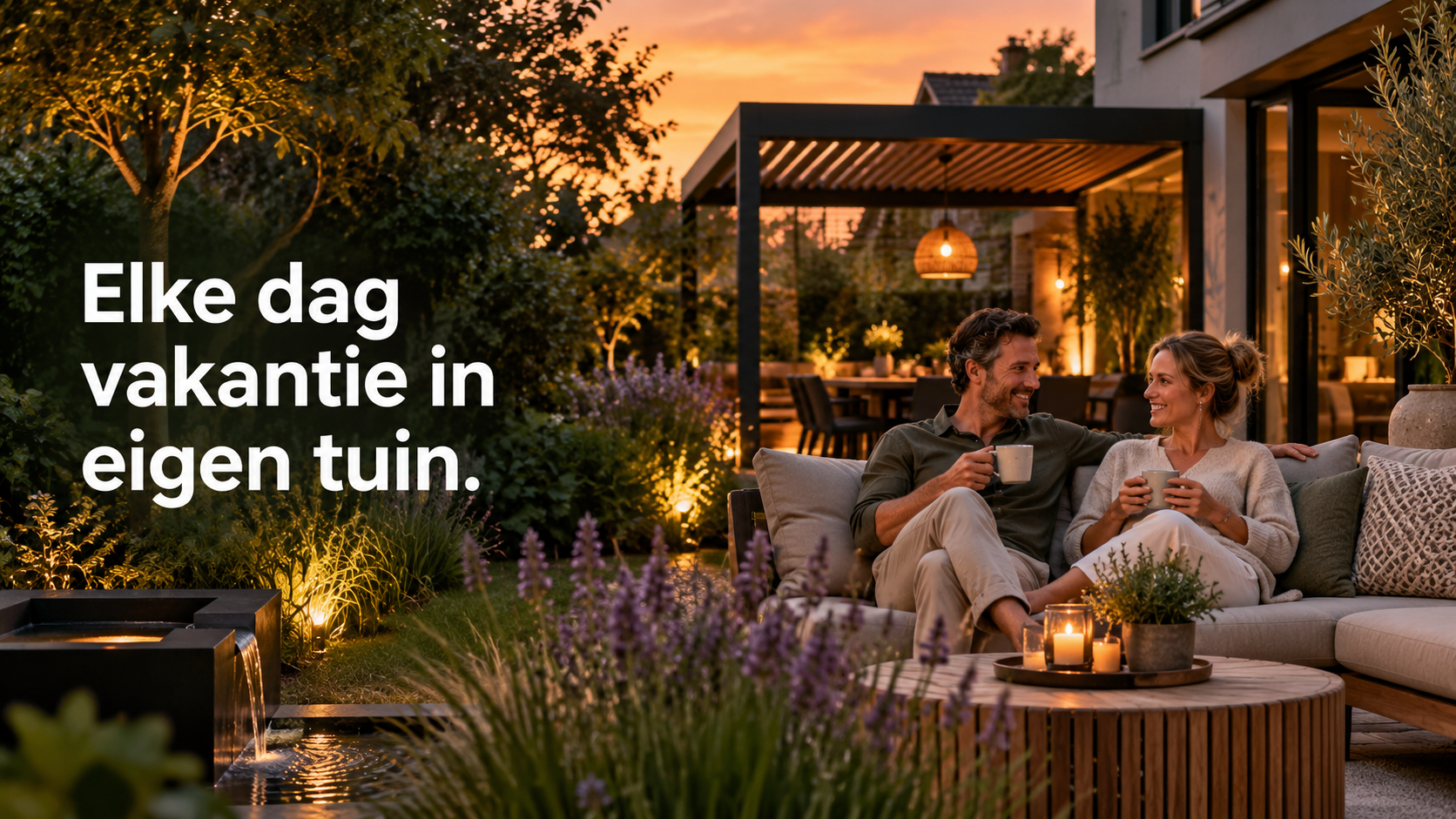 Advertentie voor tuinaanleg die het gewenste eindresultaat en genieten in eigen tuin laat zien