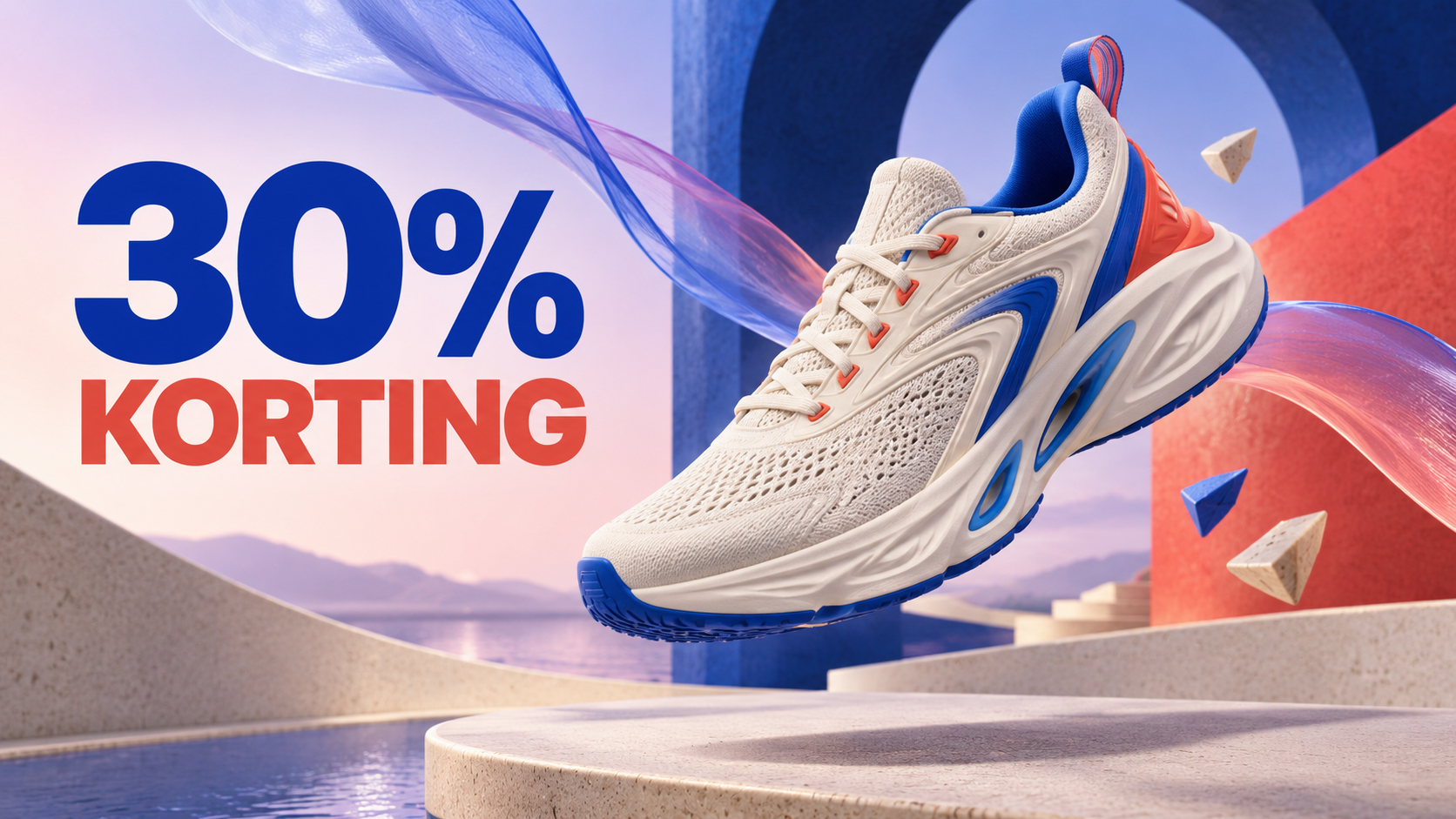 Advertentie met één sneaker en 30 procent korting als duidelijke visuele focus