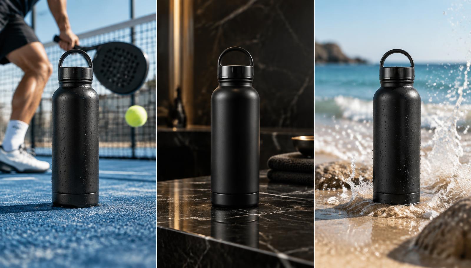 Dezelfde fles in drie advertentievarianten: een sportieve setting, een luxe setting en een zomerse setting.