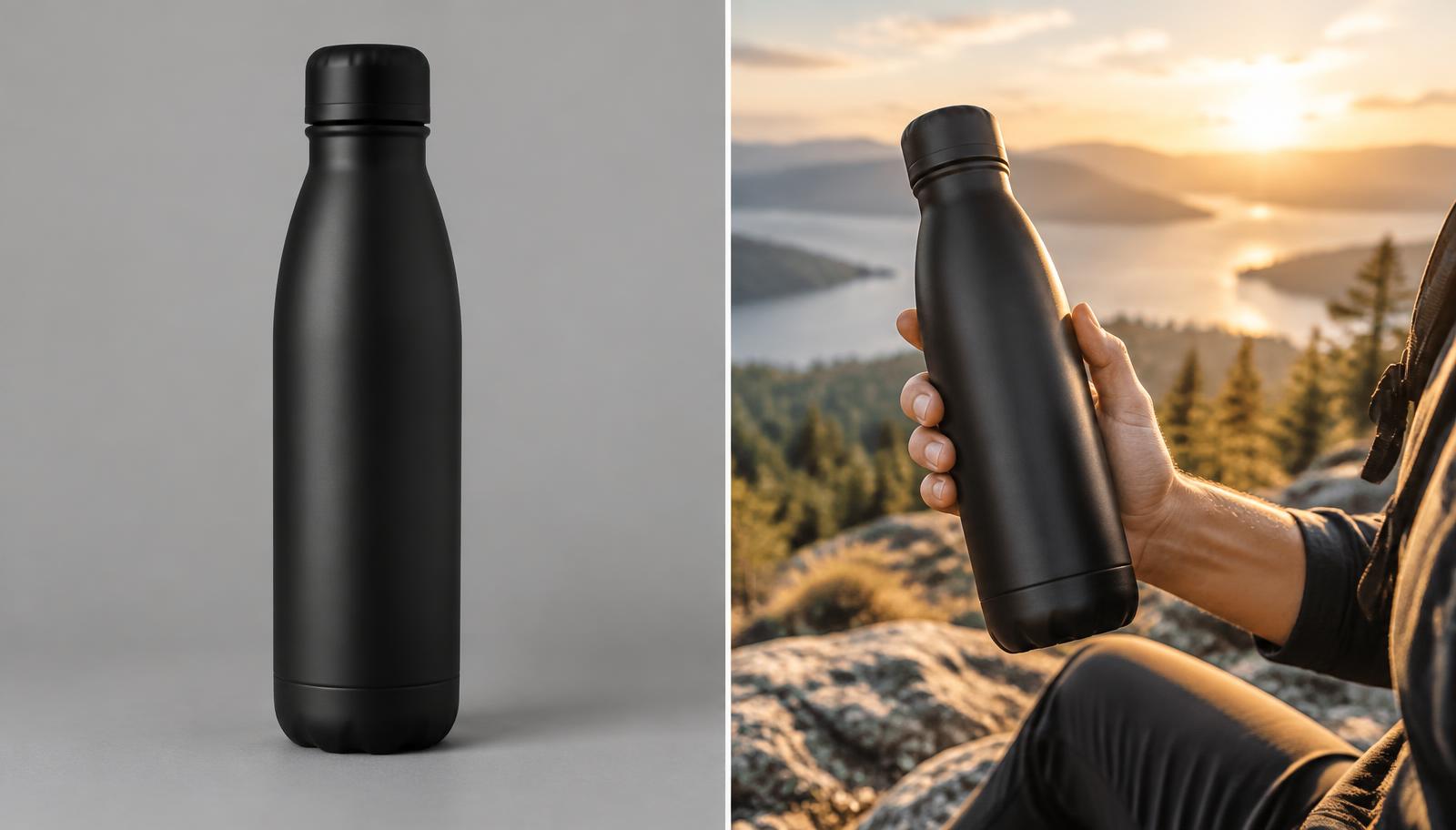 Vergelijking tussen een neutrale productfoto en dezelfde fles in een lifestylebeeld.