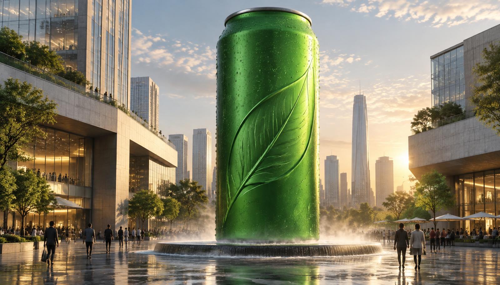Gigantisch fictief groen drankblikje als premium advertentieconcept in een moderne stad.