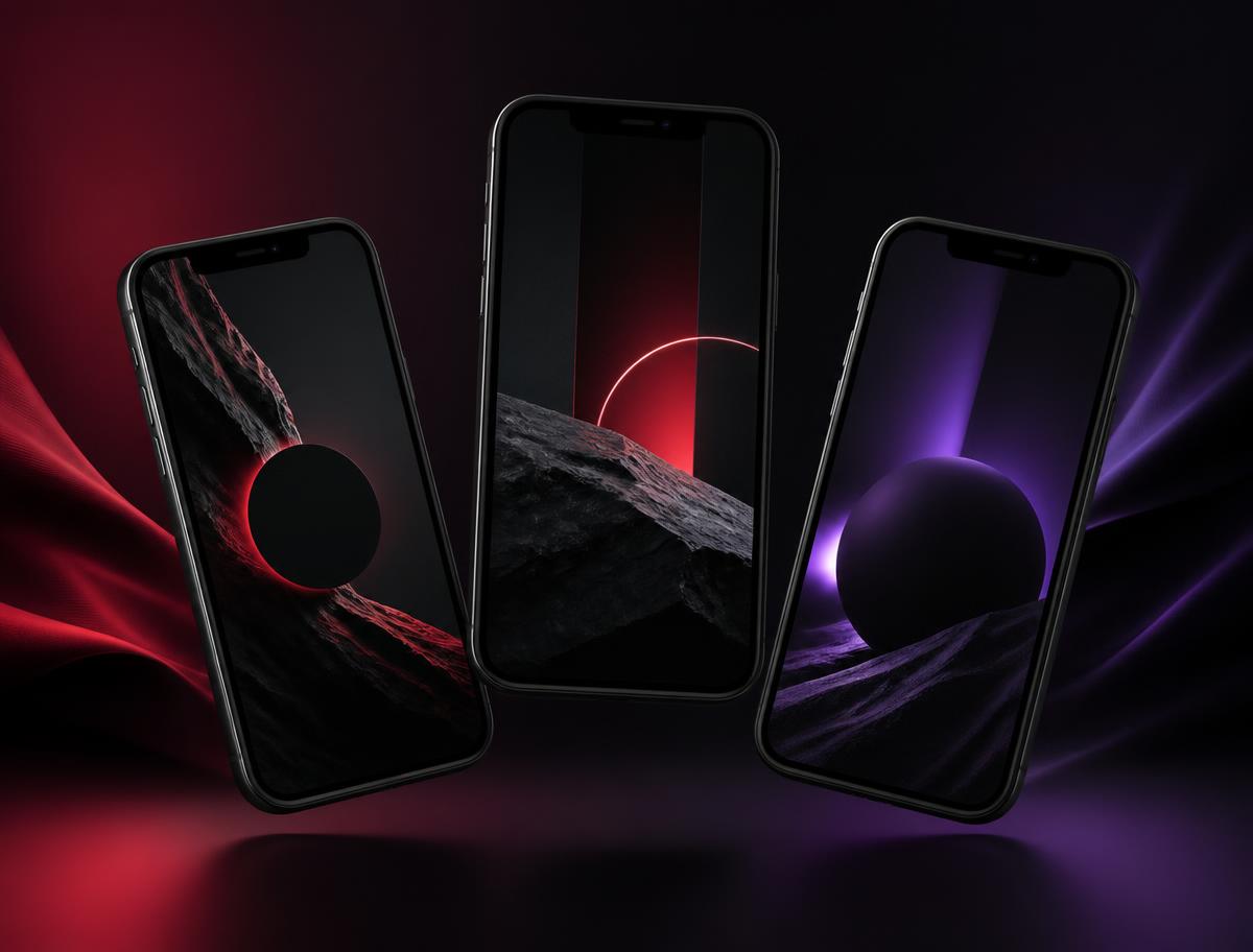 Black Friday advertentievisuals op smartphones in zwart, rood en paars
