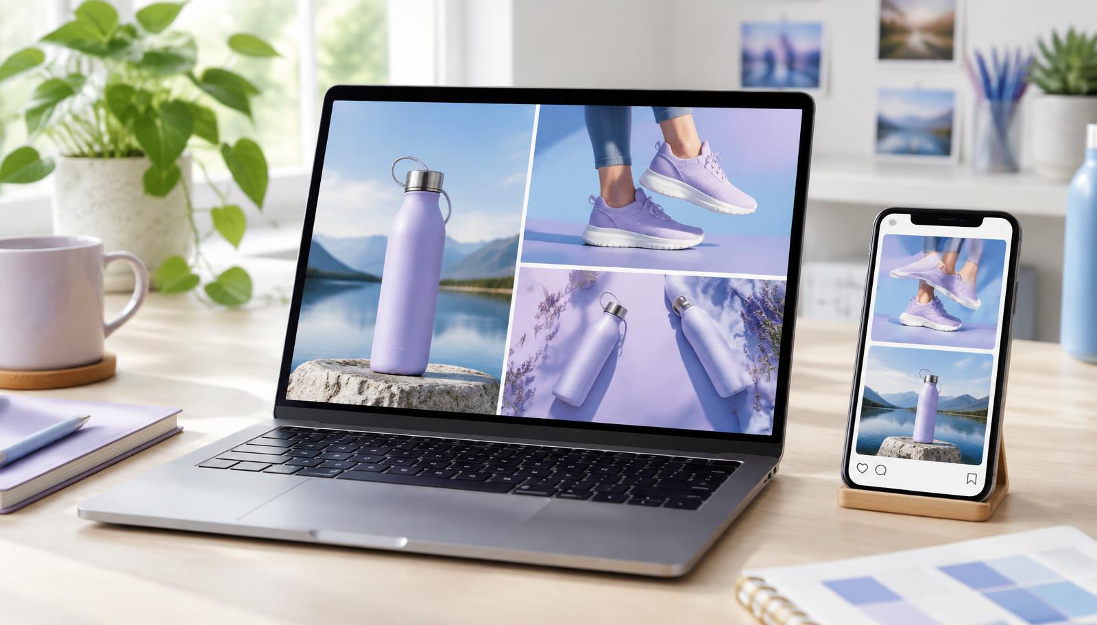 Laptop en smartphone met verschillende social media advertentievisuals.